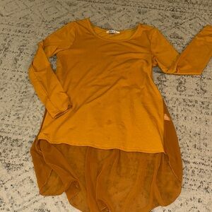 NICOLA Mustard Long Sleeve High Low Top with Sheer Pleated Back